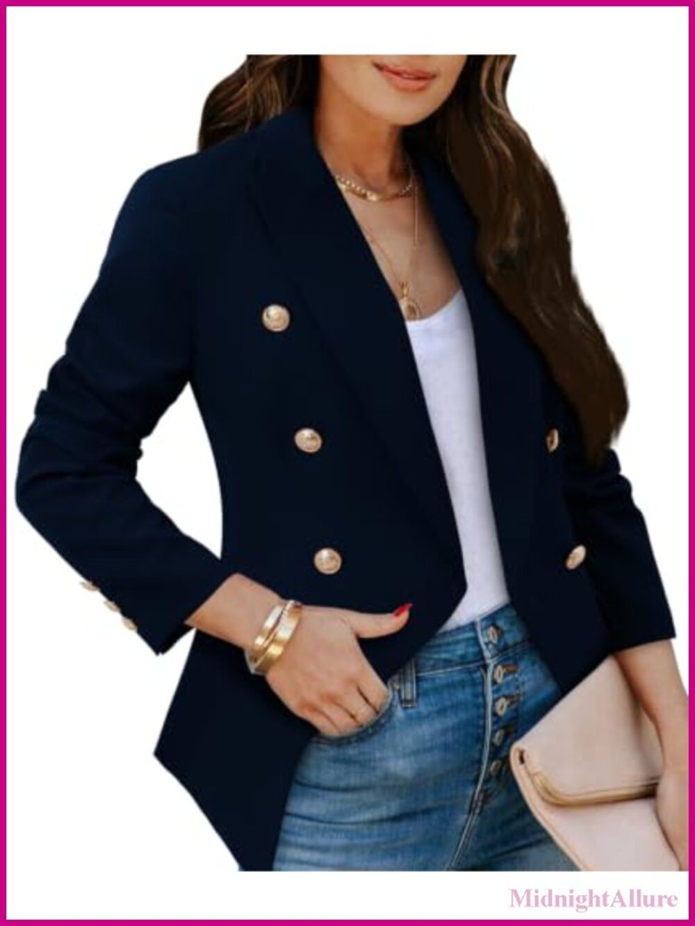 Women's Double Breasted Gold Button Business Casual Blazer Long Sleeve